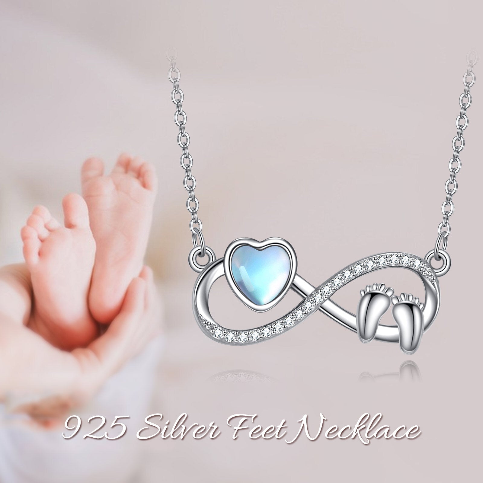 Sterling Silver Heart Moonstone Footprints Infinity Symbol Pendant Necklace For Women