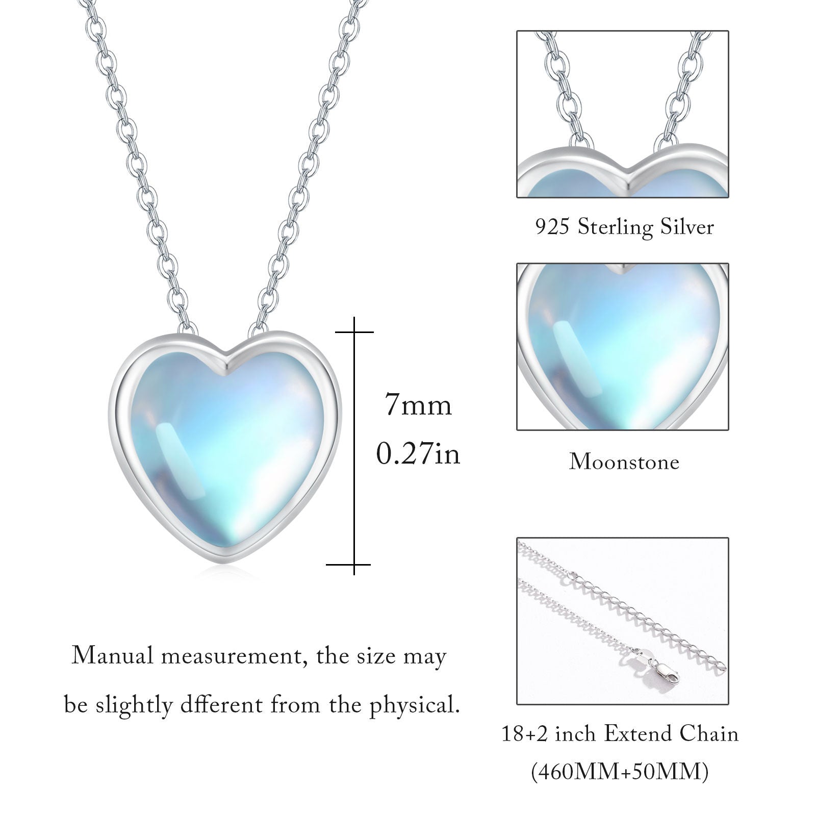 Sterling Silver Heart Moonstone Pendant Necklace For Women
