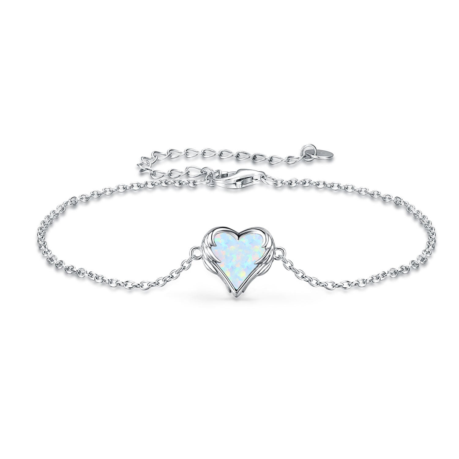 Sterling Silver Heart Opal Angel Wing With Heart Charm Bracelet For Women