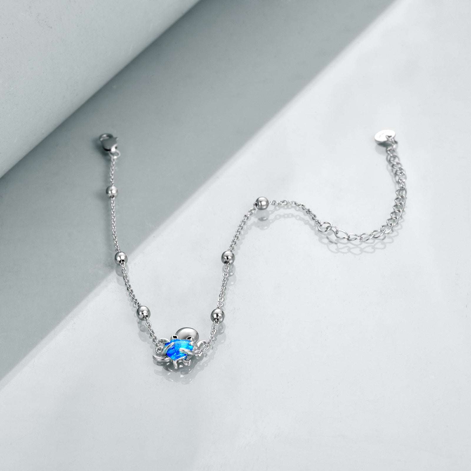 Sterling Silver Heart Shaped Opal Octopus Charm Bracelet