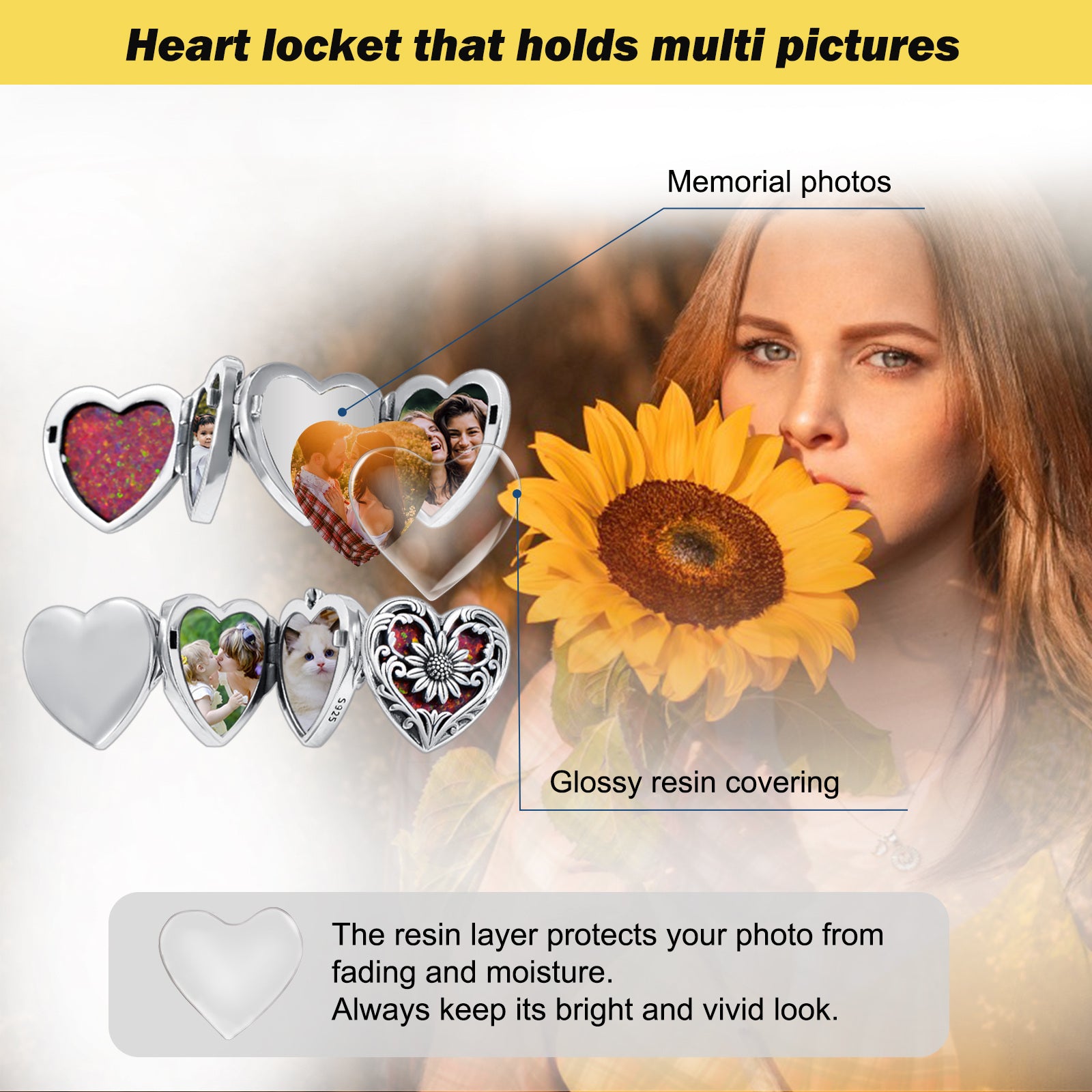 Sterling Silver Sunflower Heart Personalized Photo Locket Necklace for Women