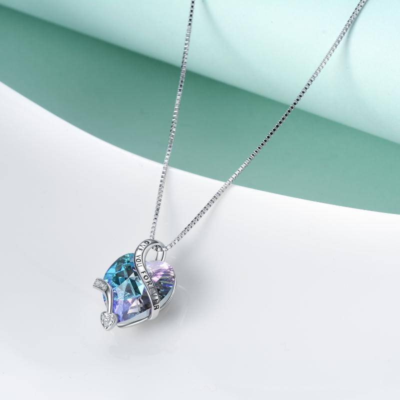Sterling Silver Heart Shaped Purple Crystal Pendant Necklace Engraved Love You Forever