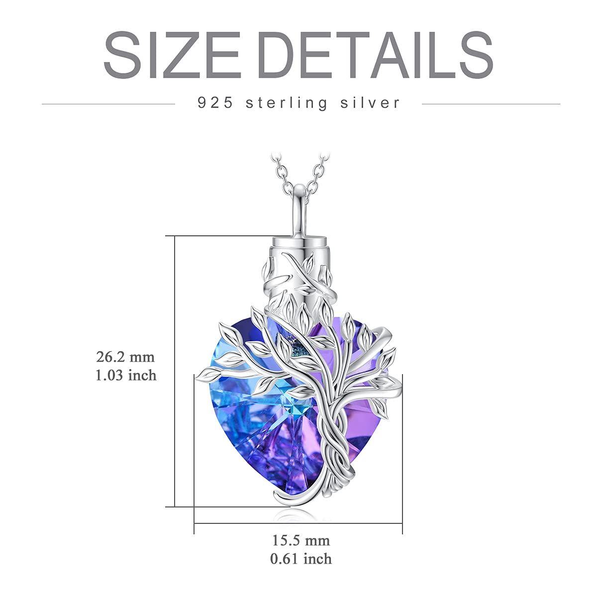 Sterling Silver Heart Purple Crystal Tree Of Life Urn Necklace For Ashes For Women