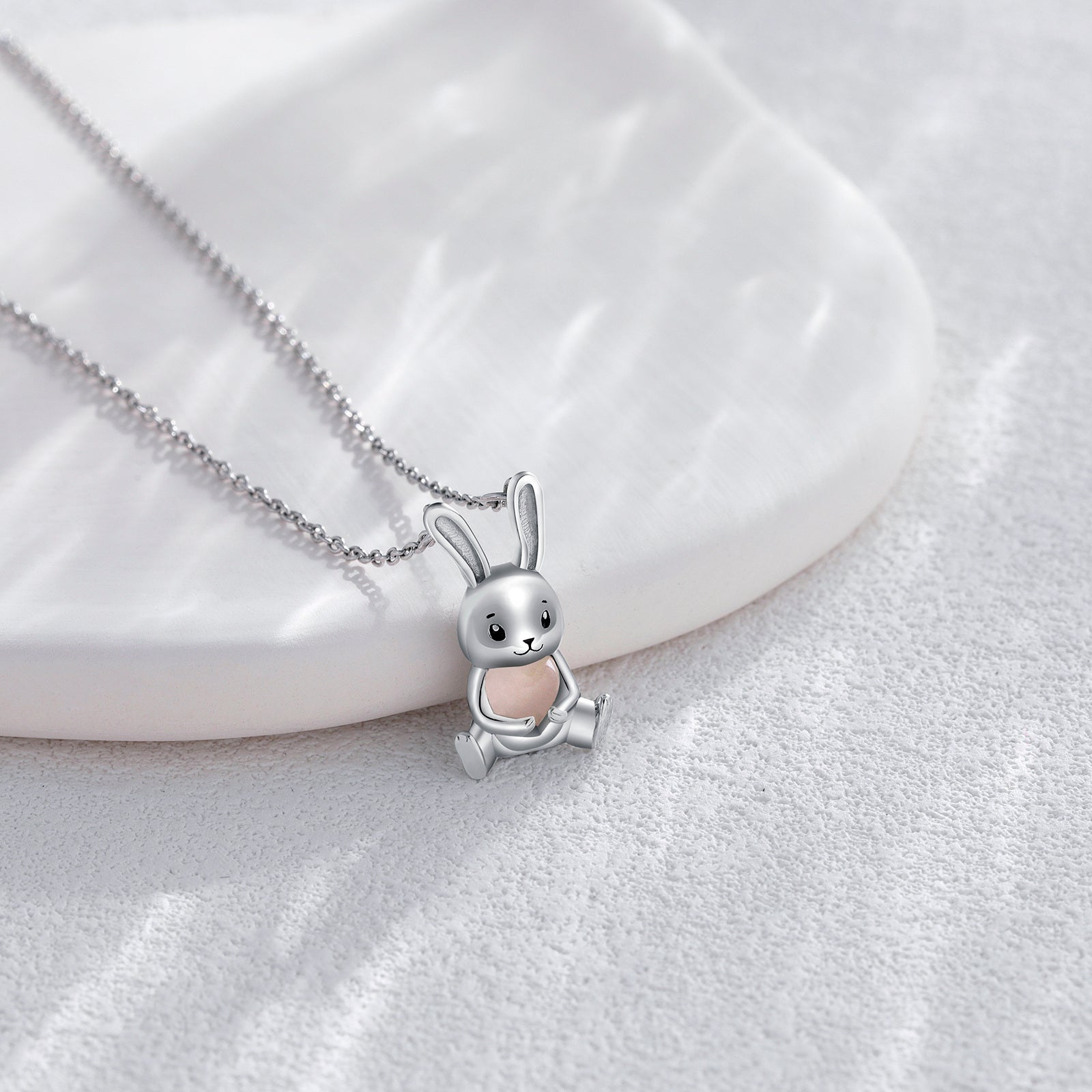 Sterling Silver Heart Rose Quartz Rabbit Pendant Necklace For Women