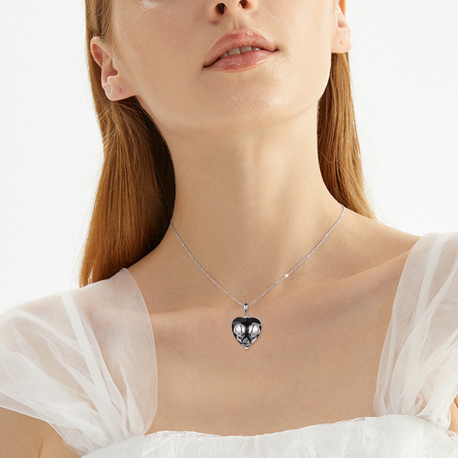 Sterling Silver Heart Crystal Rose Skull Pendant Necklace For Women