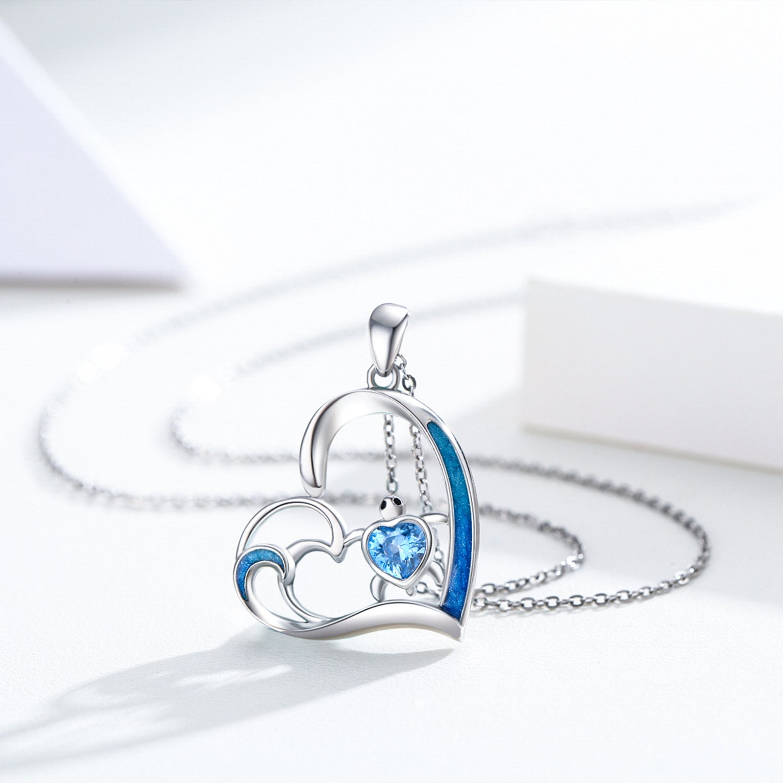 Sterling Silver Heart Crystal Sea Turtle & Heart Pendant Necklace For Women