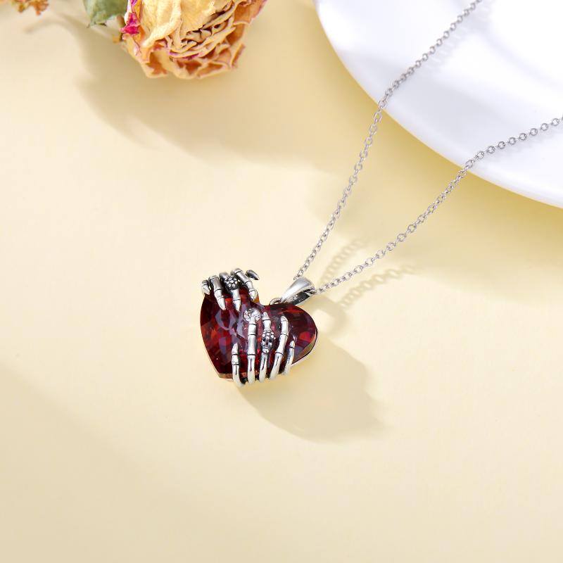 Sterling Silver Skull With Ruby Heart Crystal Pendant Necklace For Women