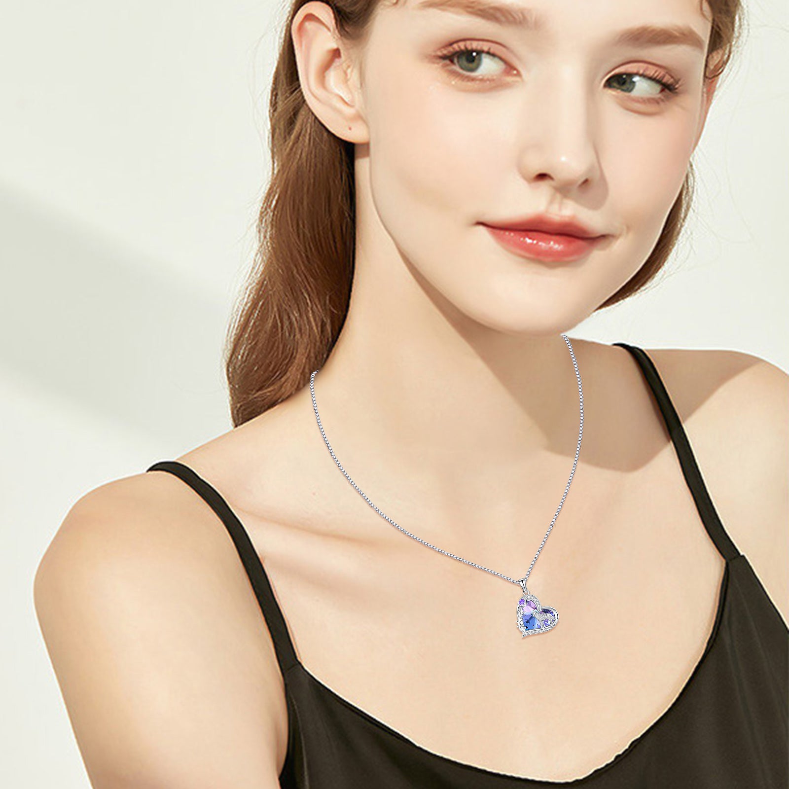 Sterling Silver Blue Heart Wolf Crystal Pendant Necklace For Women