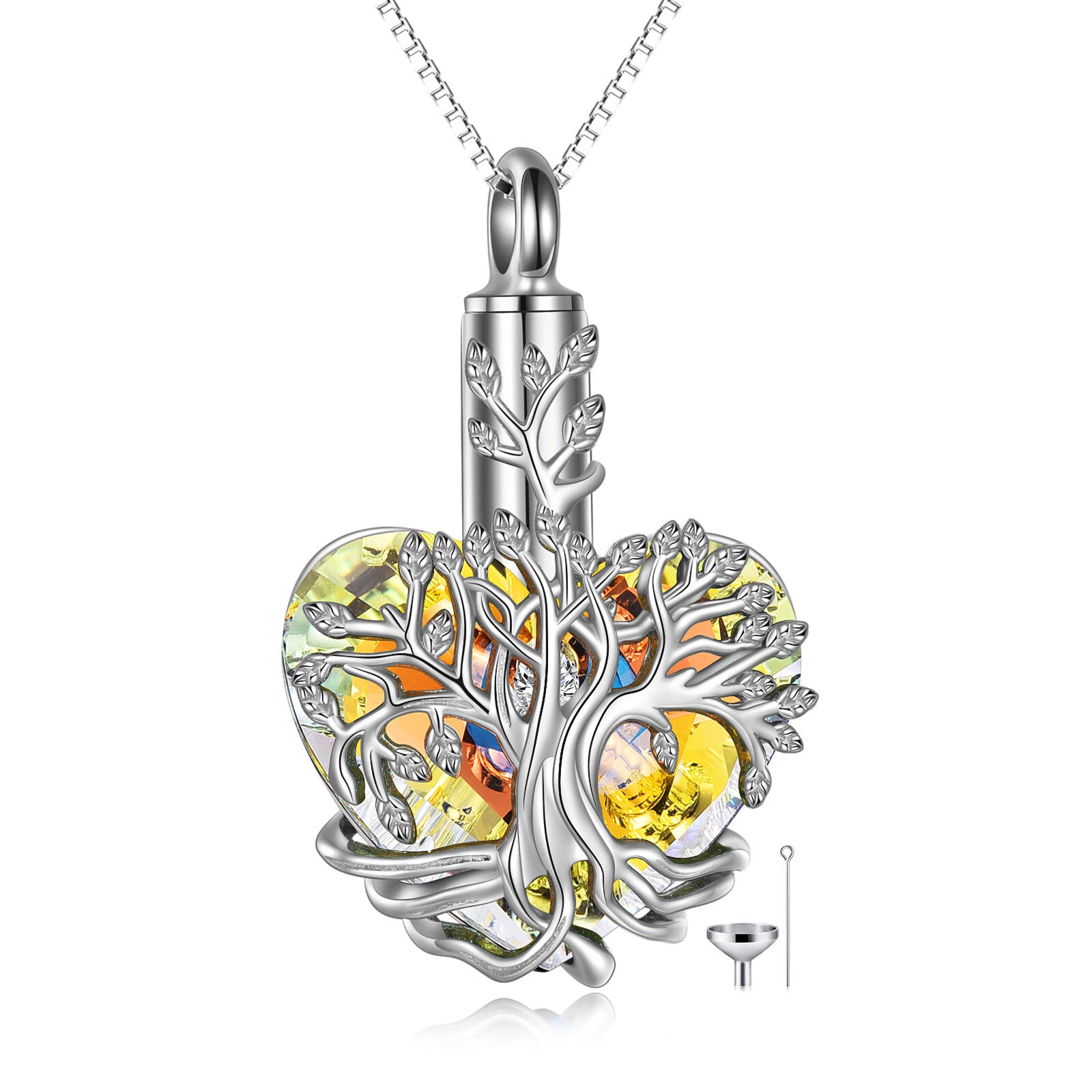 Sterling Silver Heart Shaped Yellow Crystal Tree Of Life Urn Necklace for Ashes