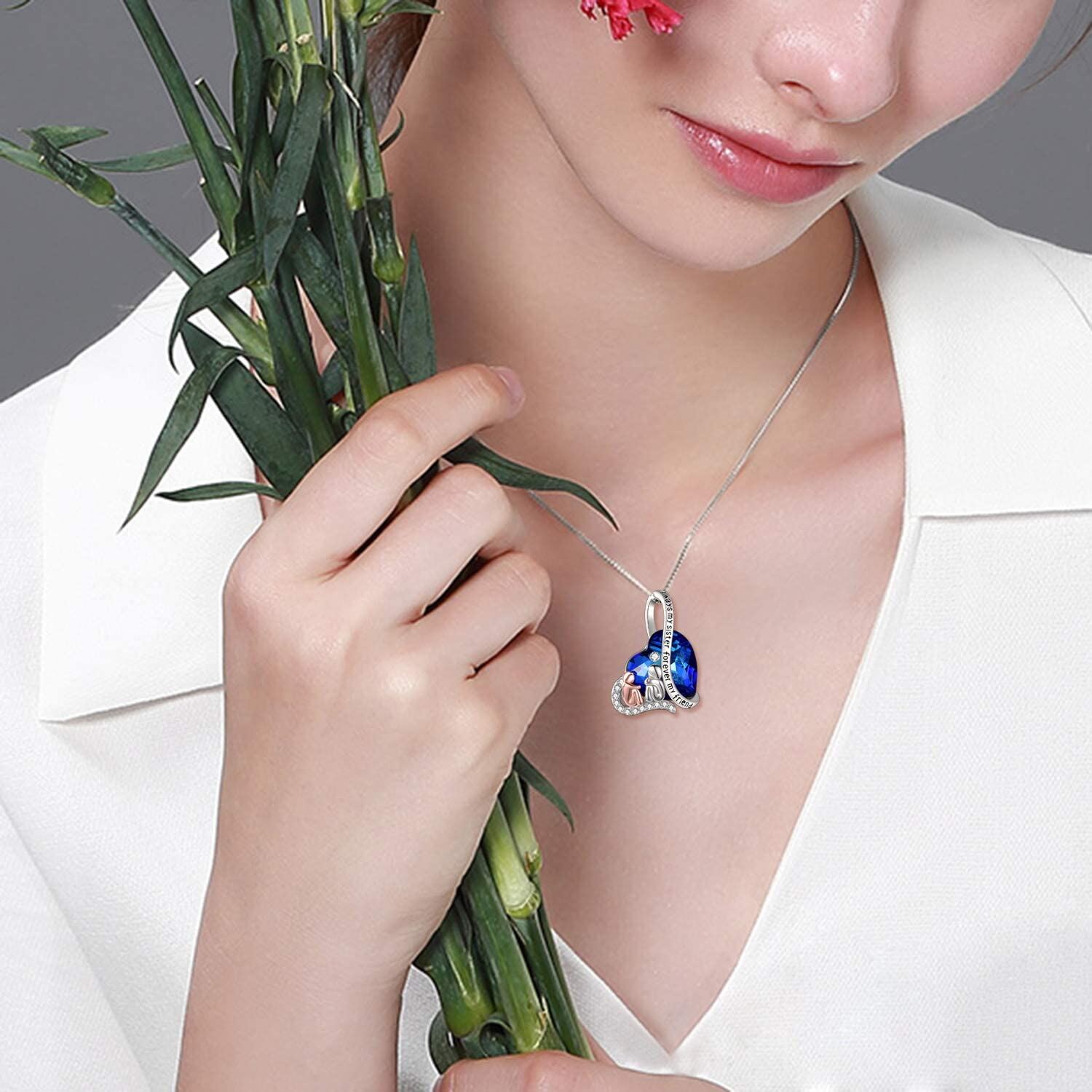 Sterling Silver Heart Crystal With Sisters Pendant Necklace With Engraved Word For Women