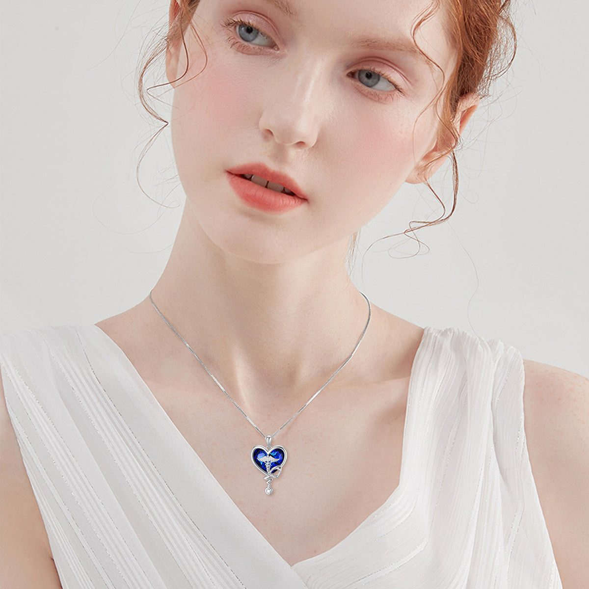 Sterling Silver Heart Stethoscope Crystal Pendant Necklace