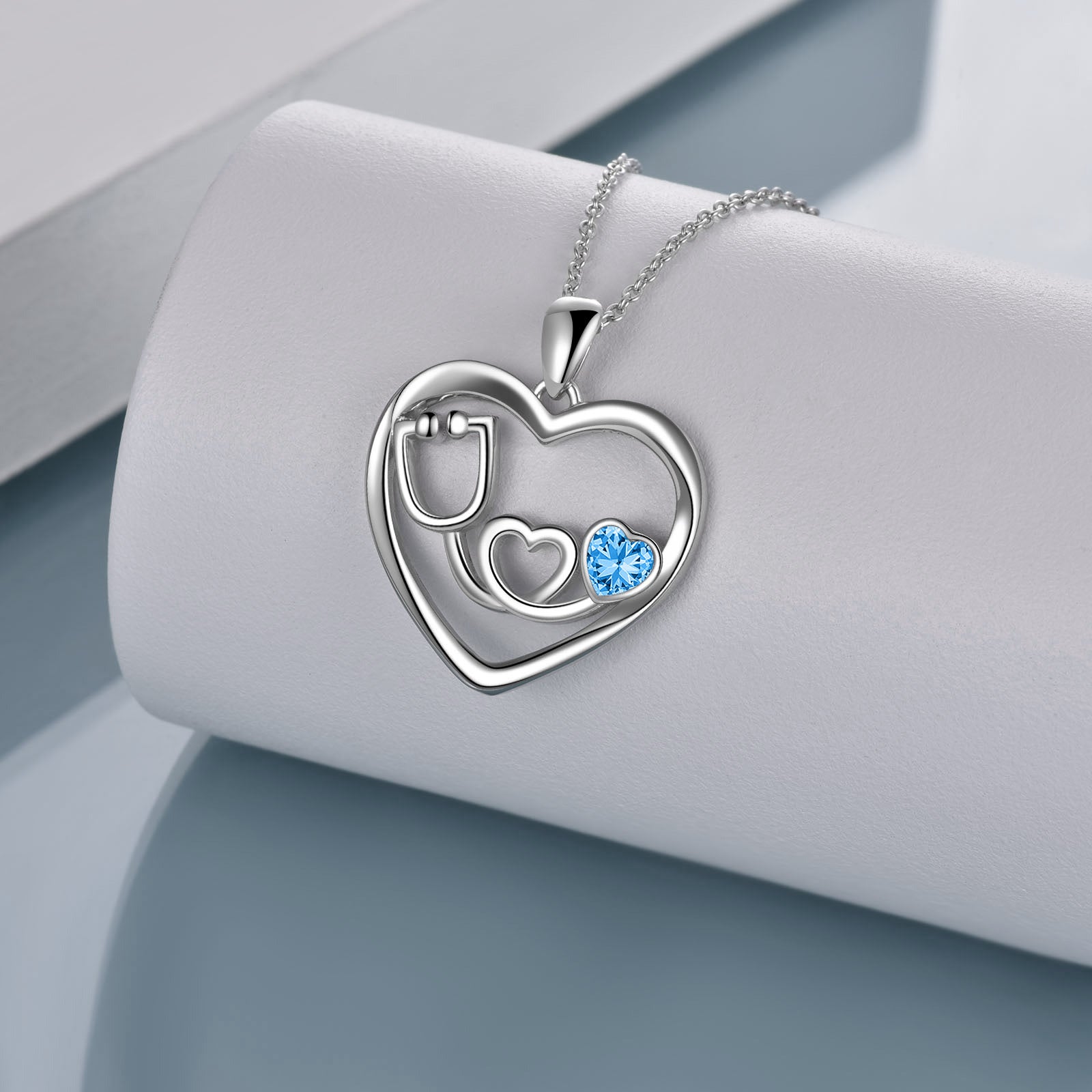 Sterling Silver Blue Cubic Zirconia Electrocardiogram Heart Necklace for Women