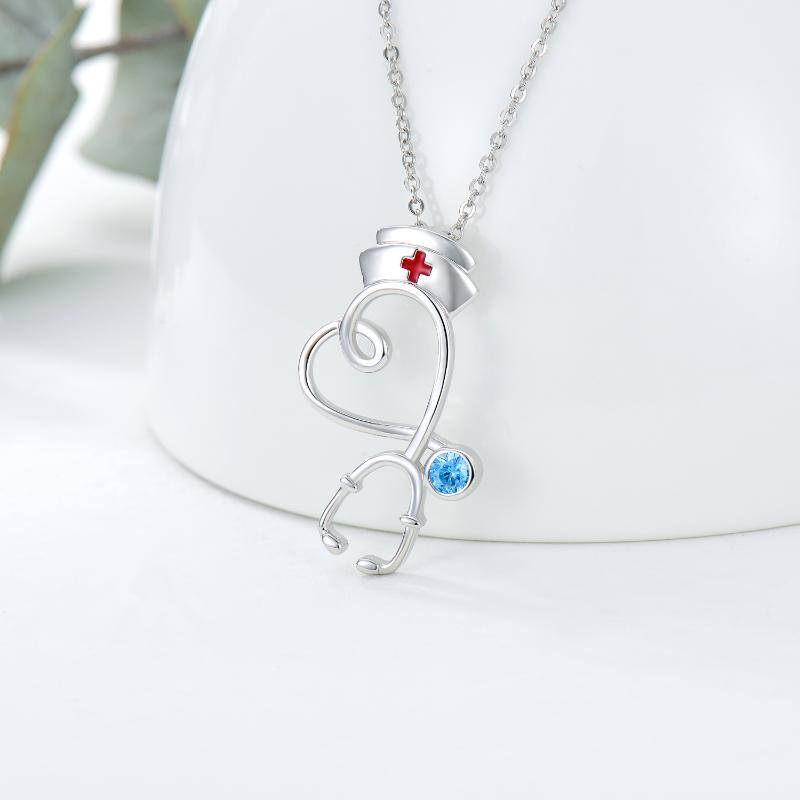 Sterling Silver Cubic Zirconia Heart & Stethoscope Pendant Necklace