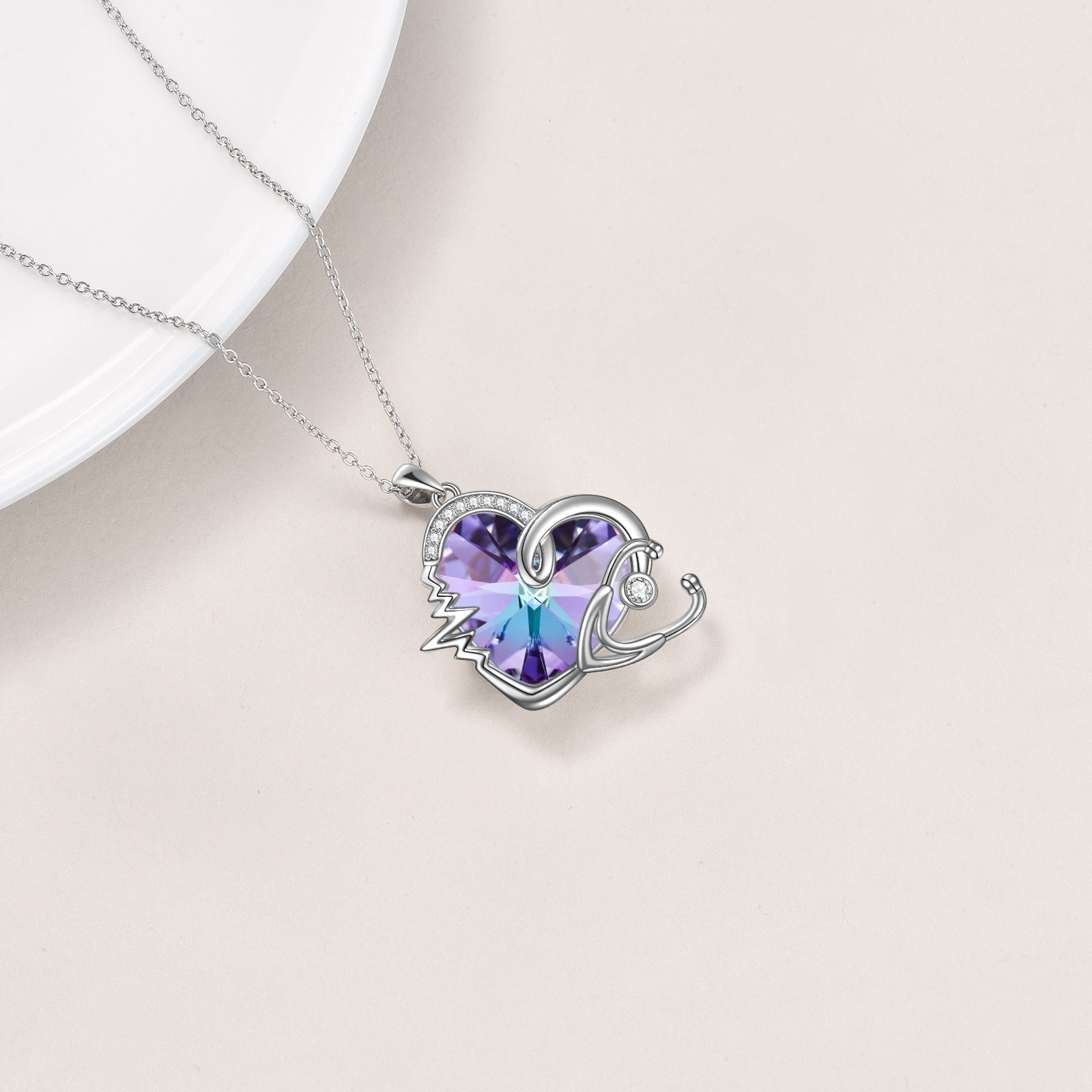 Sterling Silver Heart & Stethoscope Purple Crystal Pendant Necklace