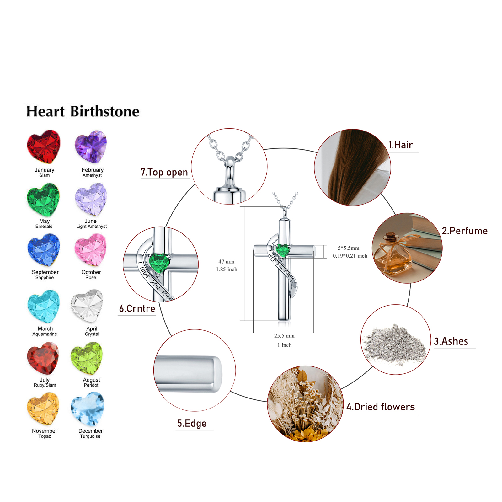Gold Heart Zircon Cross Urn Necklace with for Ashes with Sterling Silver Chain