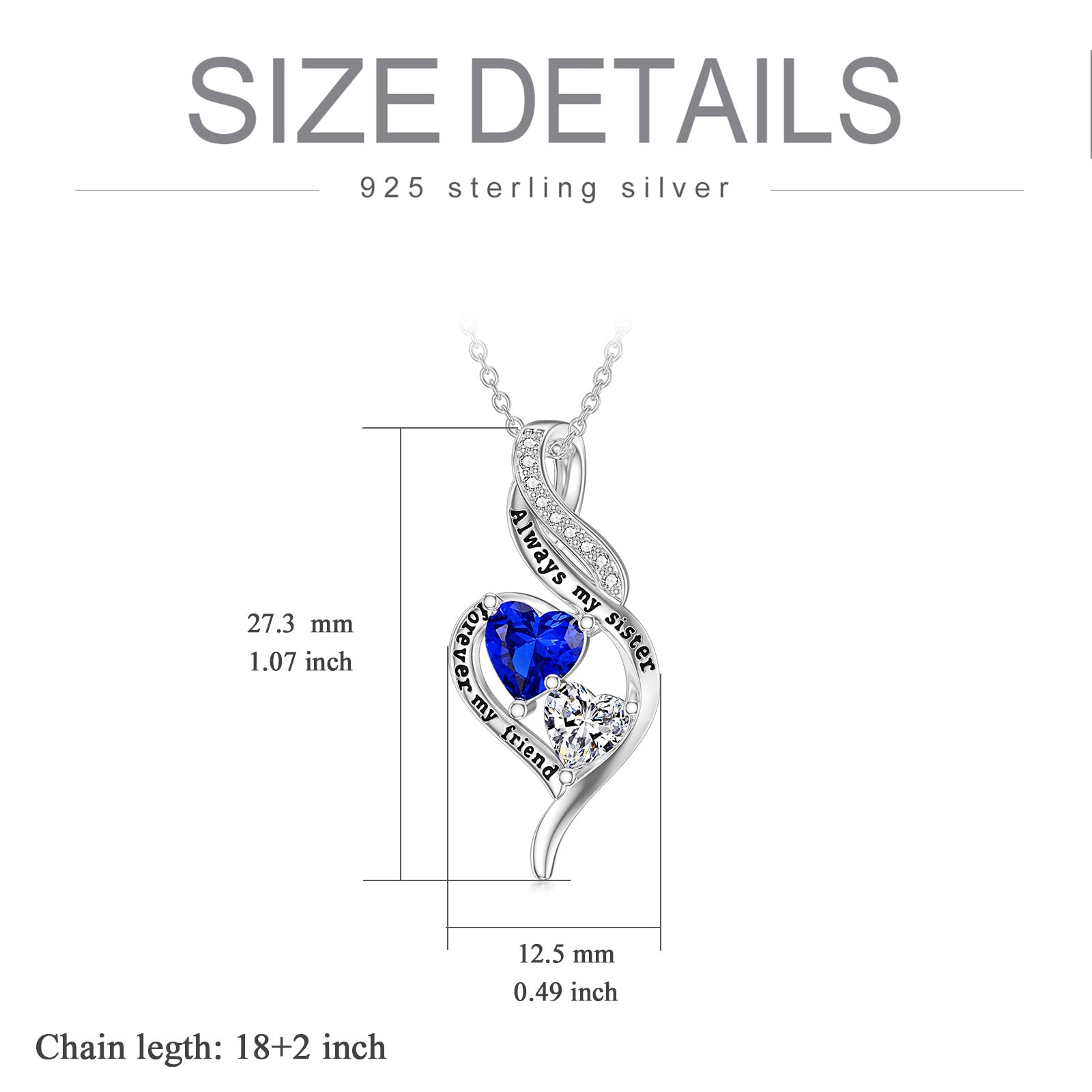 Sterling Silver Heart Zircon Pendant Necklace With Engraved Word For Women Best Friends