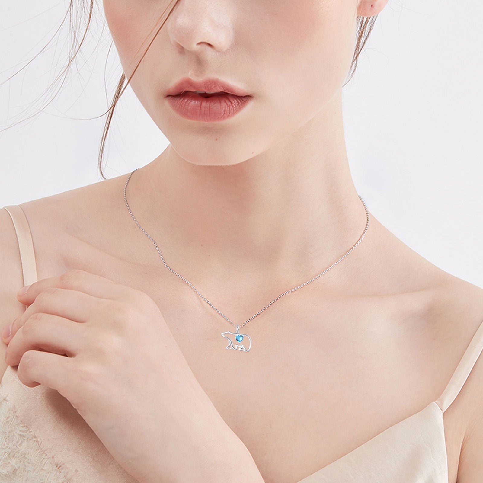 Sterling Silver Heart Zircon Polar Bear Pendant Necklace For Women