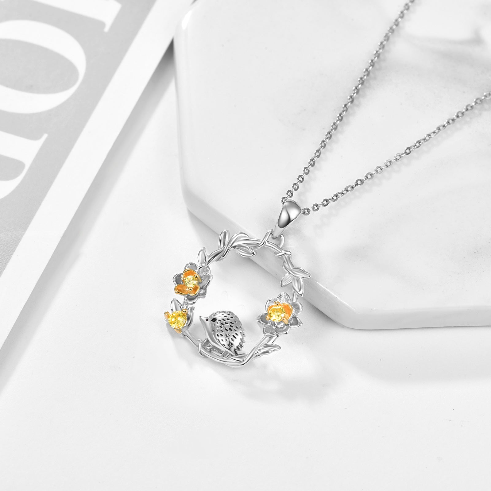 Sterling Silver Hedgehog with Flower Pendant Necklace