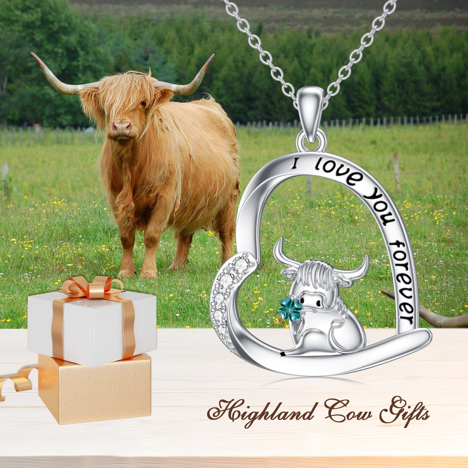 Sterling Silver Cubic Zirconia Highland Cow With Four-Leave Clover Pendant Necklace With Engraved Word For Women Best Friend