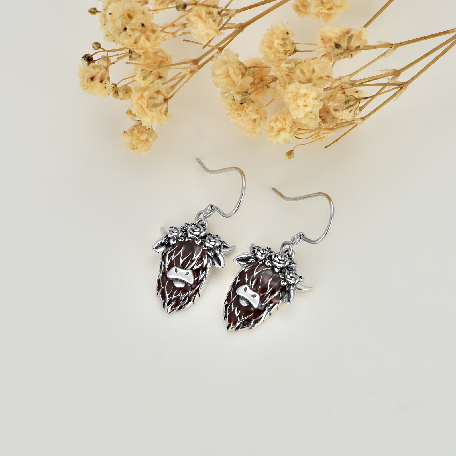 Sterling Silver Highland Cow & Rose Drop Earrings