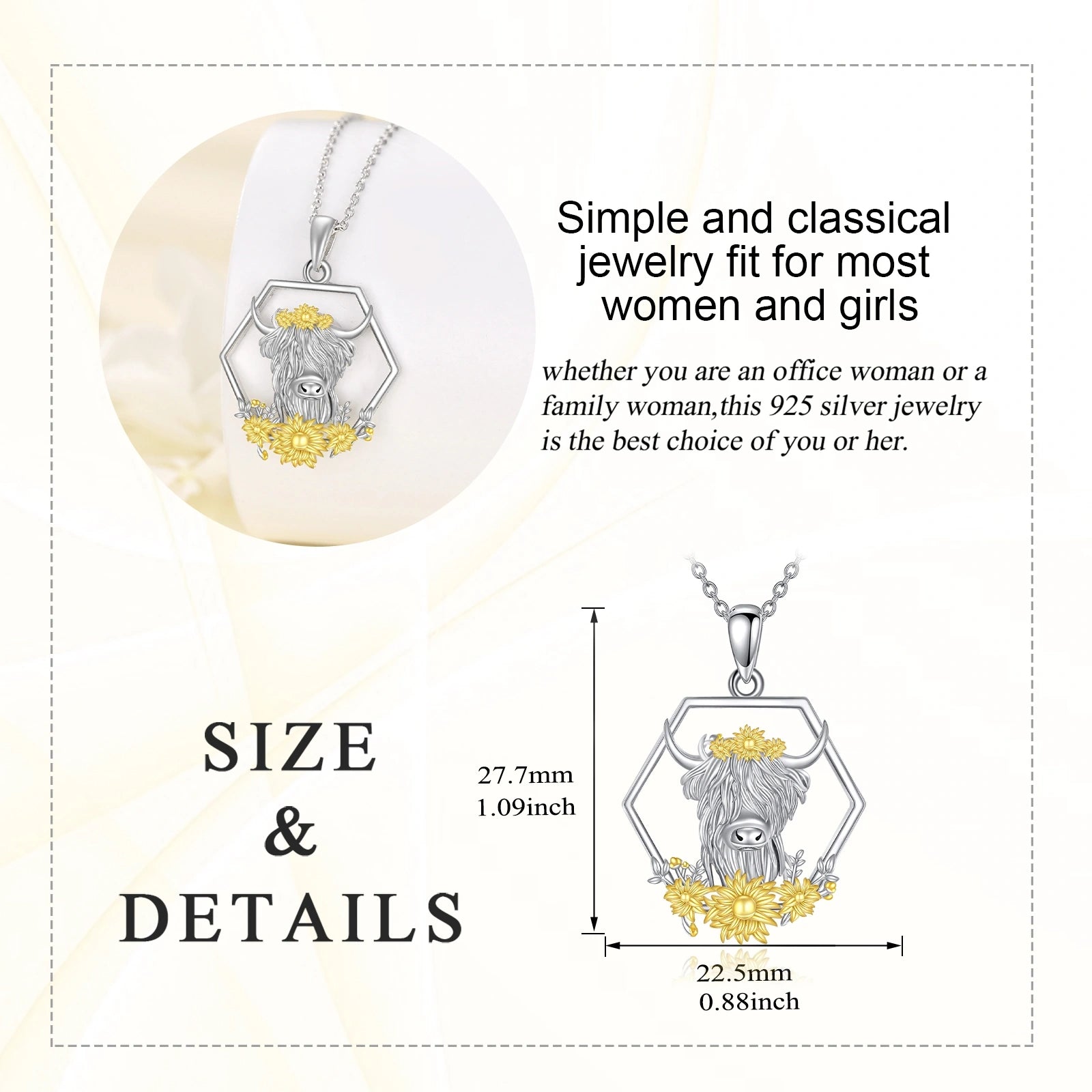 Sterling Silver Highland Cow & Sunflower Pendant Necklace