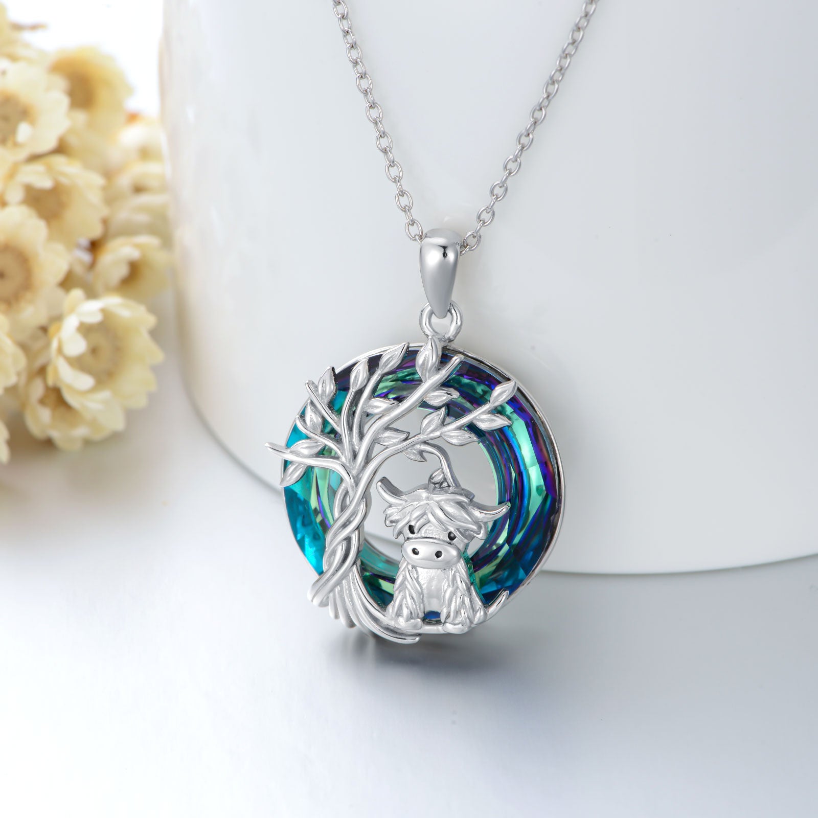 Sterling Silver Highland Cow & Tree Of Life Blue Circle Crystal Pendant Necklace