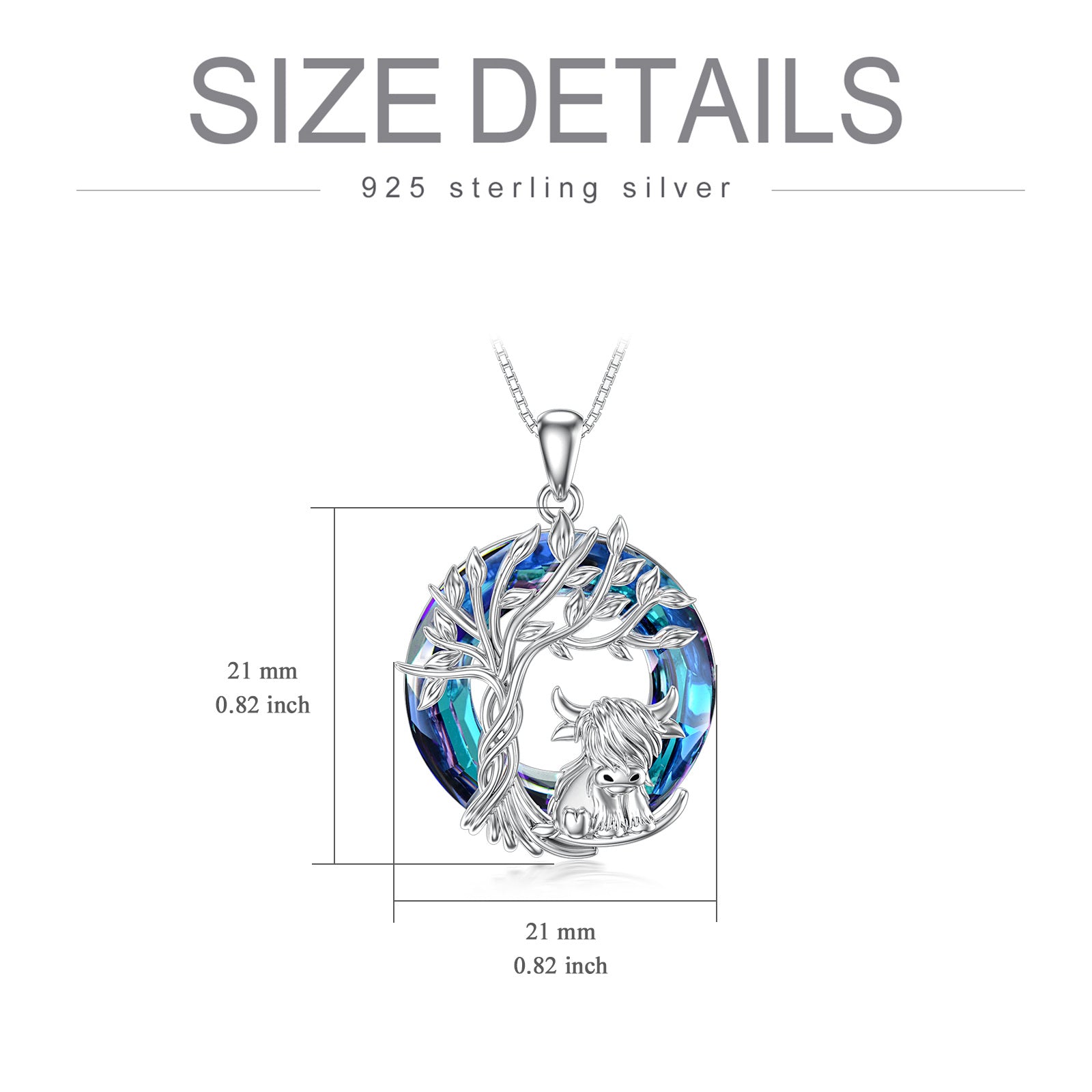 Sterling Silver Highland Cow & Tree Of Life Crystal Pendant Necklace