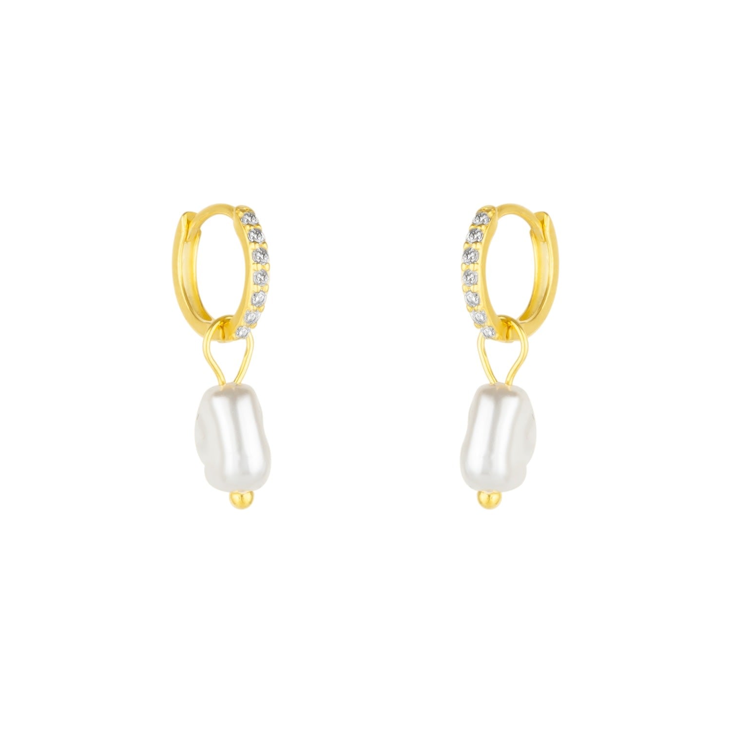 Sterling Silver Huggie Pearl Drop Earrings - Gold