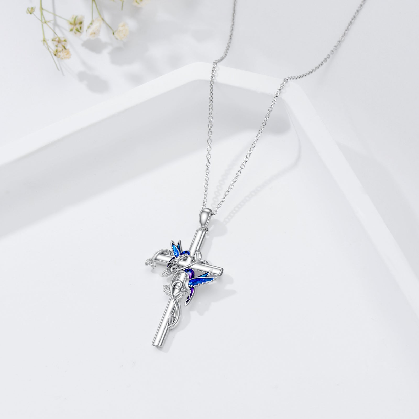 Sterling Silver Hummingbird & Cross Pendant Necklace
