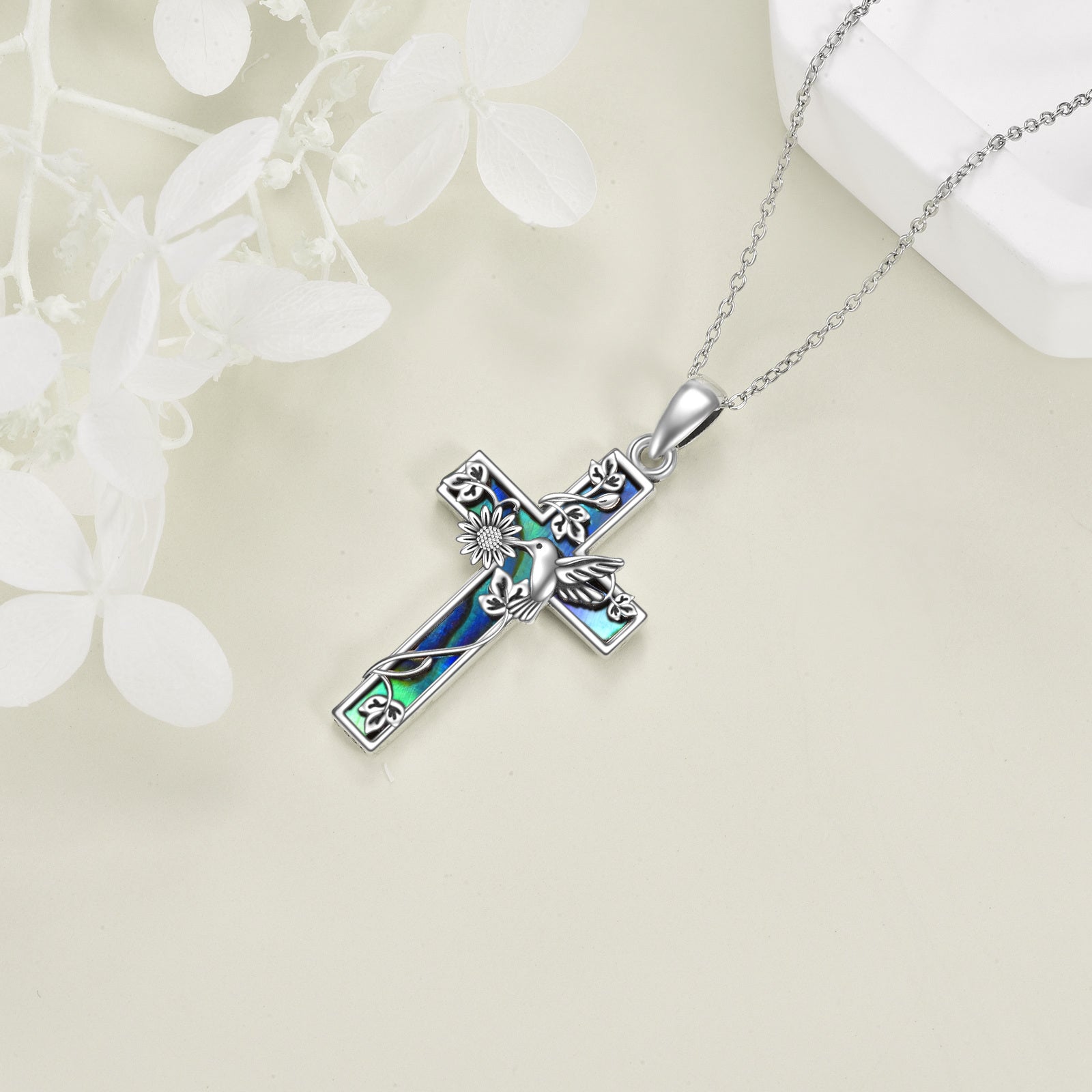 Sterling Silver Hummingbird & Cross Pendant Necklace for Women