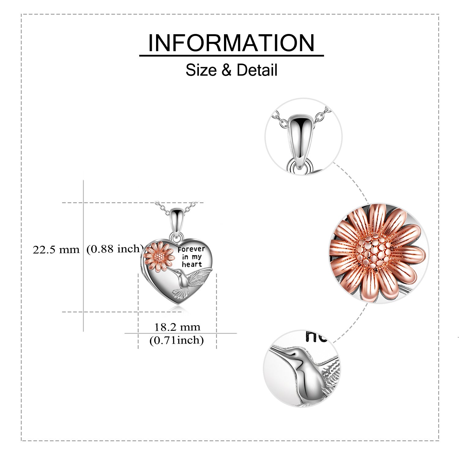 Sterling Silver Hummingbird & Sunflower Personalized Photo Locket Necklace with Engraved Word