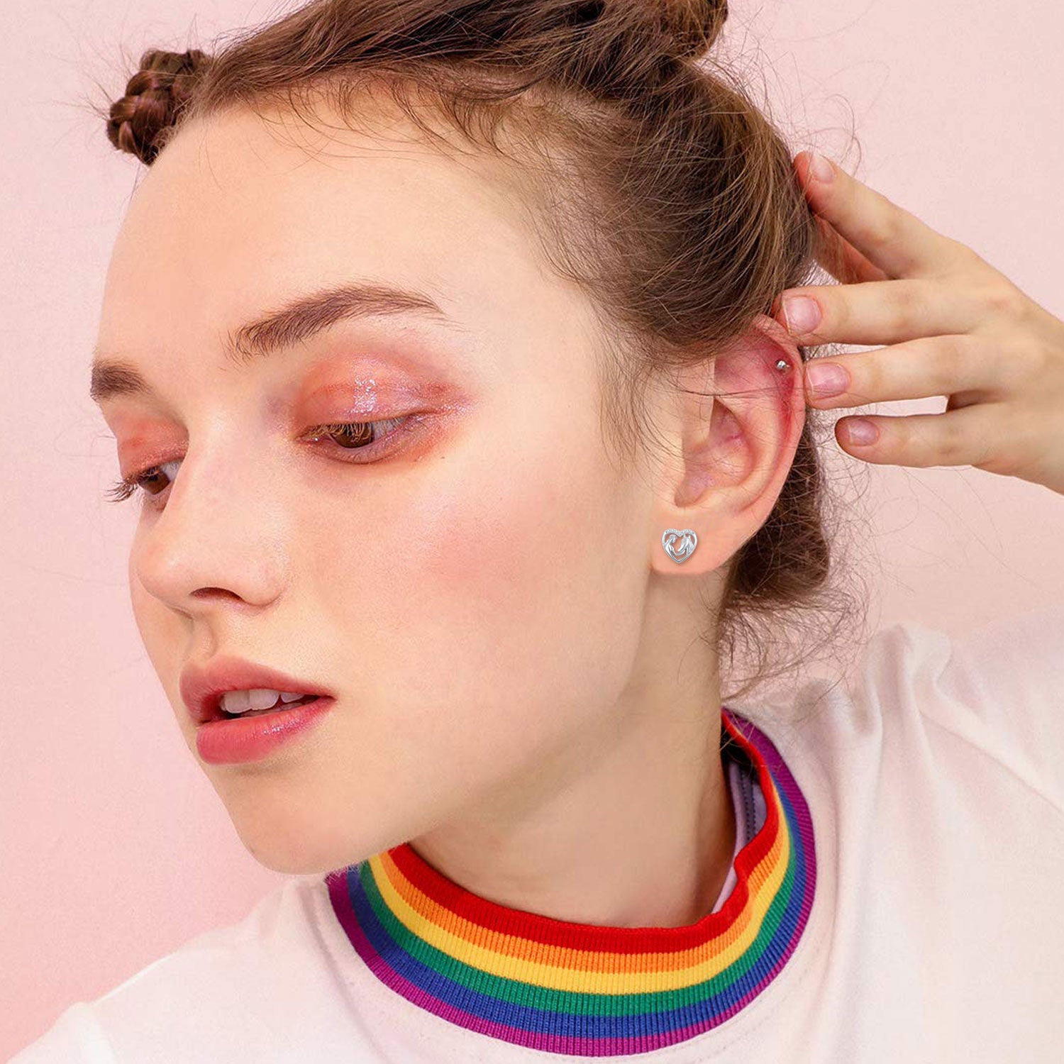 Sterling Silver Cubic Zirconia Horse & Heart Stud Earrings