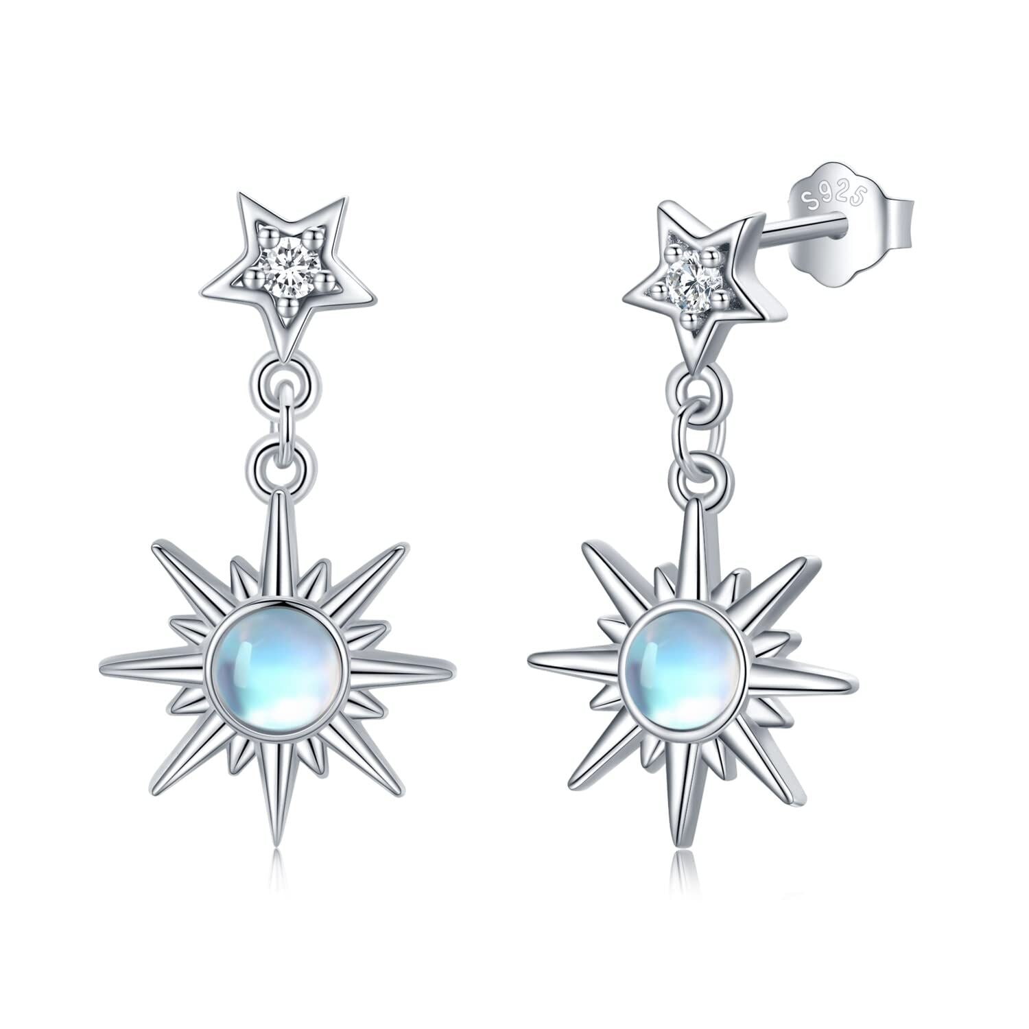 Sterling Silver Circular Shaped Moonstone Moon & Star Drop Earrings