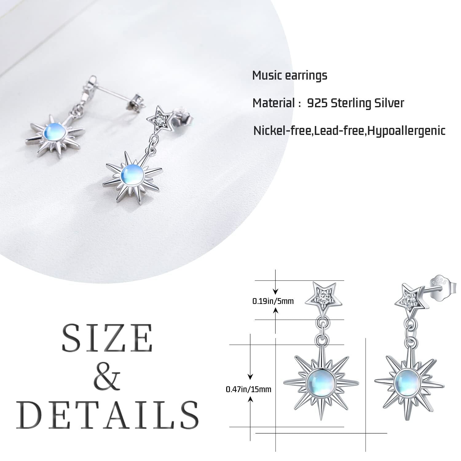 Sterling Silver Circular Shaped Moonstone Moon & Star Drop Earrings