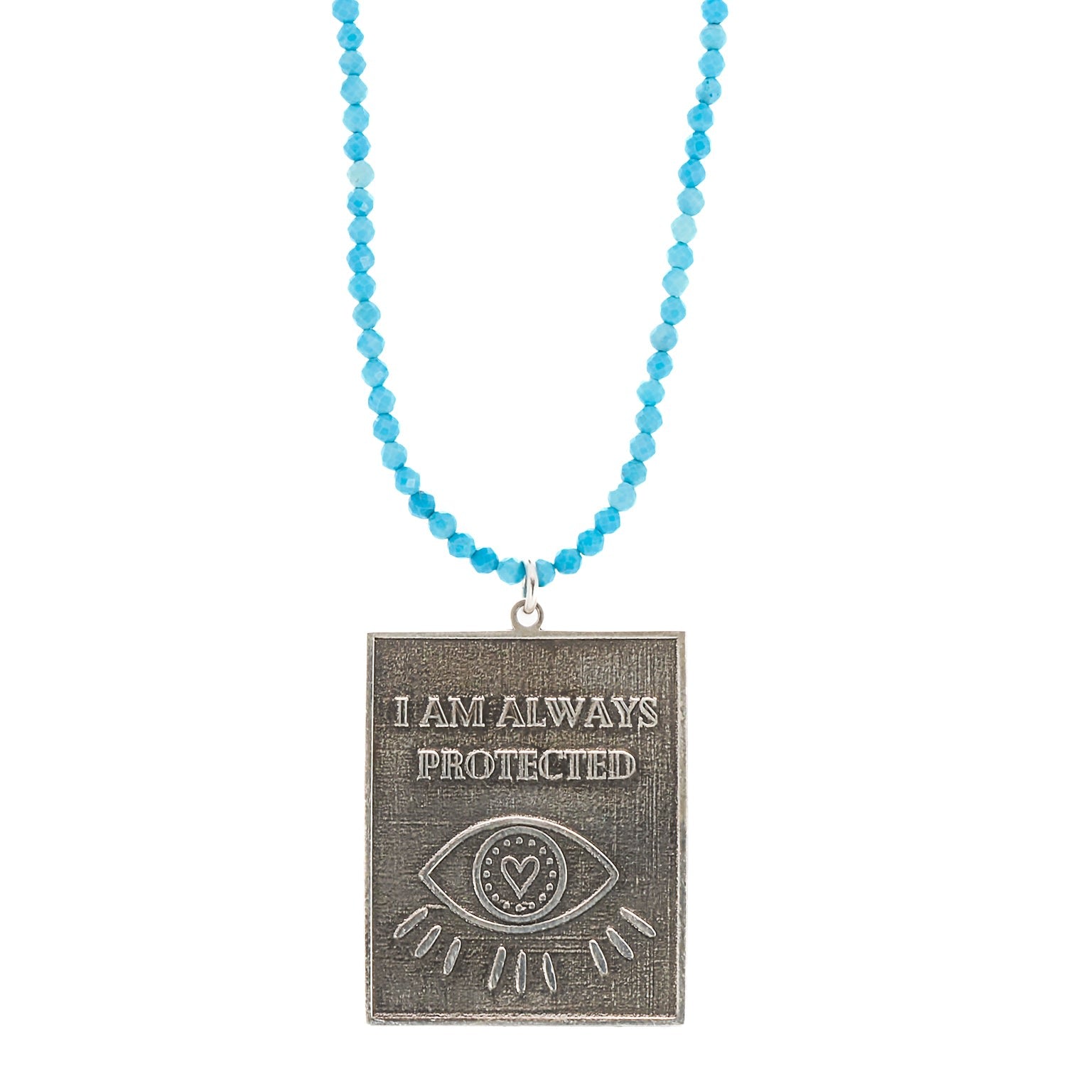 Sterling Silver I Am Always Protected Pendant Turquoise Stone Beaded Necklace - Blue