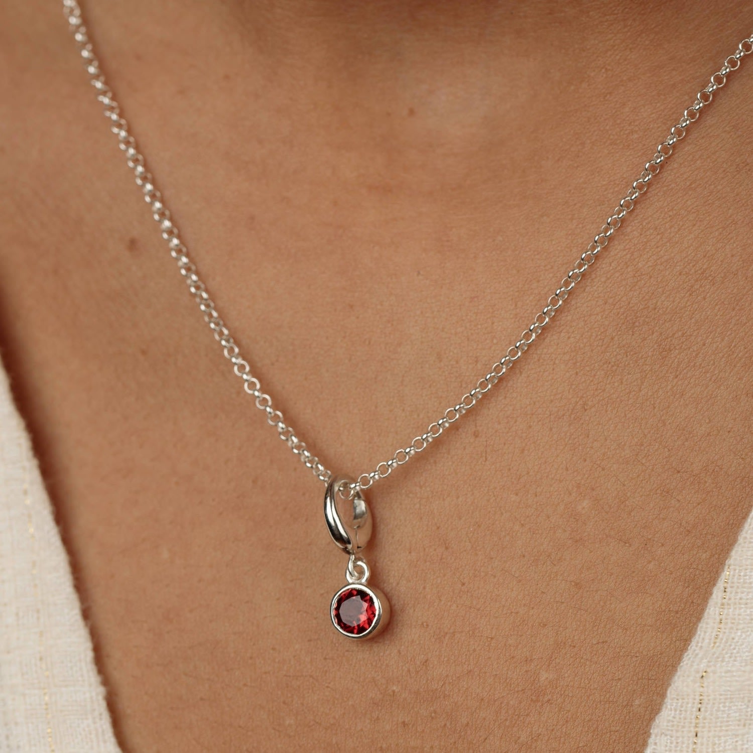 Sterling Silver January Birthstone Charm Necklace - Garnet