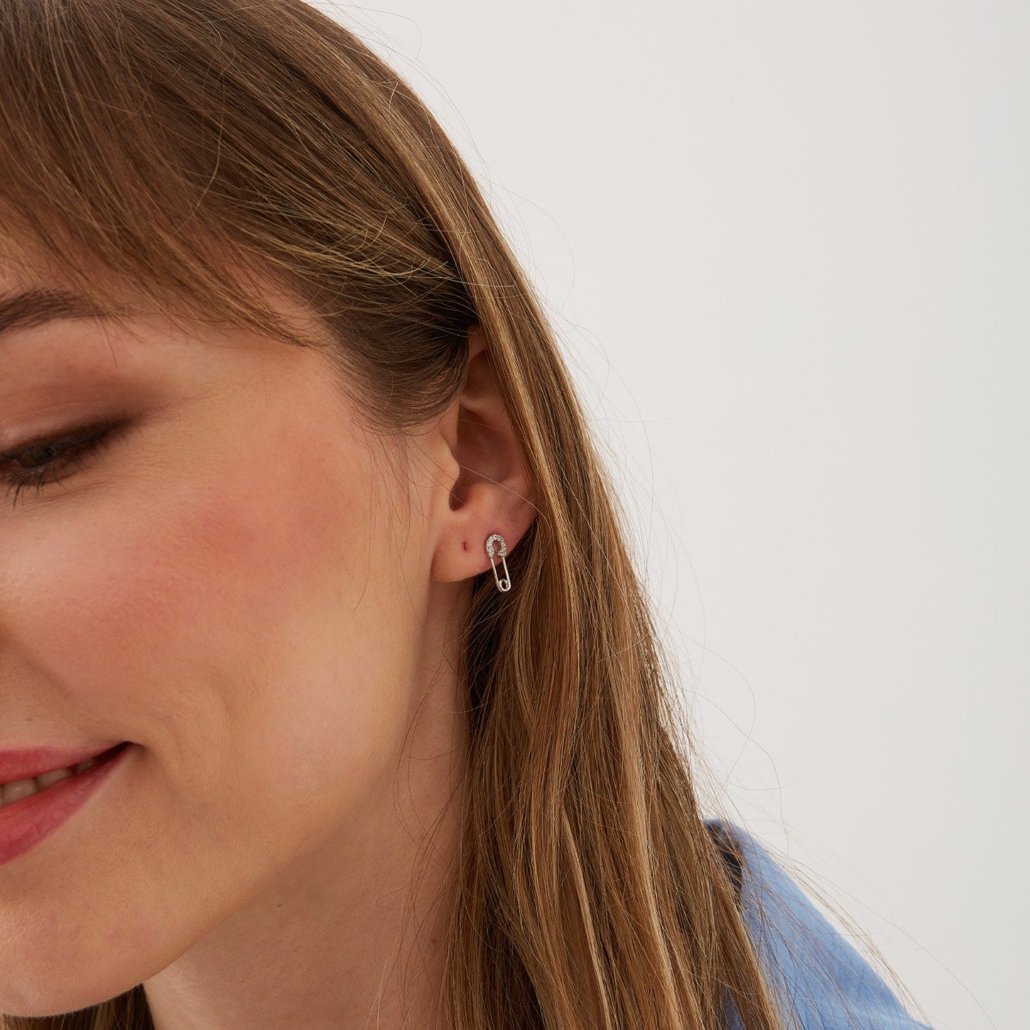 Sterling Silver Jewelled Mini Safety Pin Stud Earring - Silver