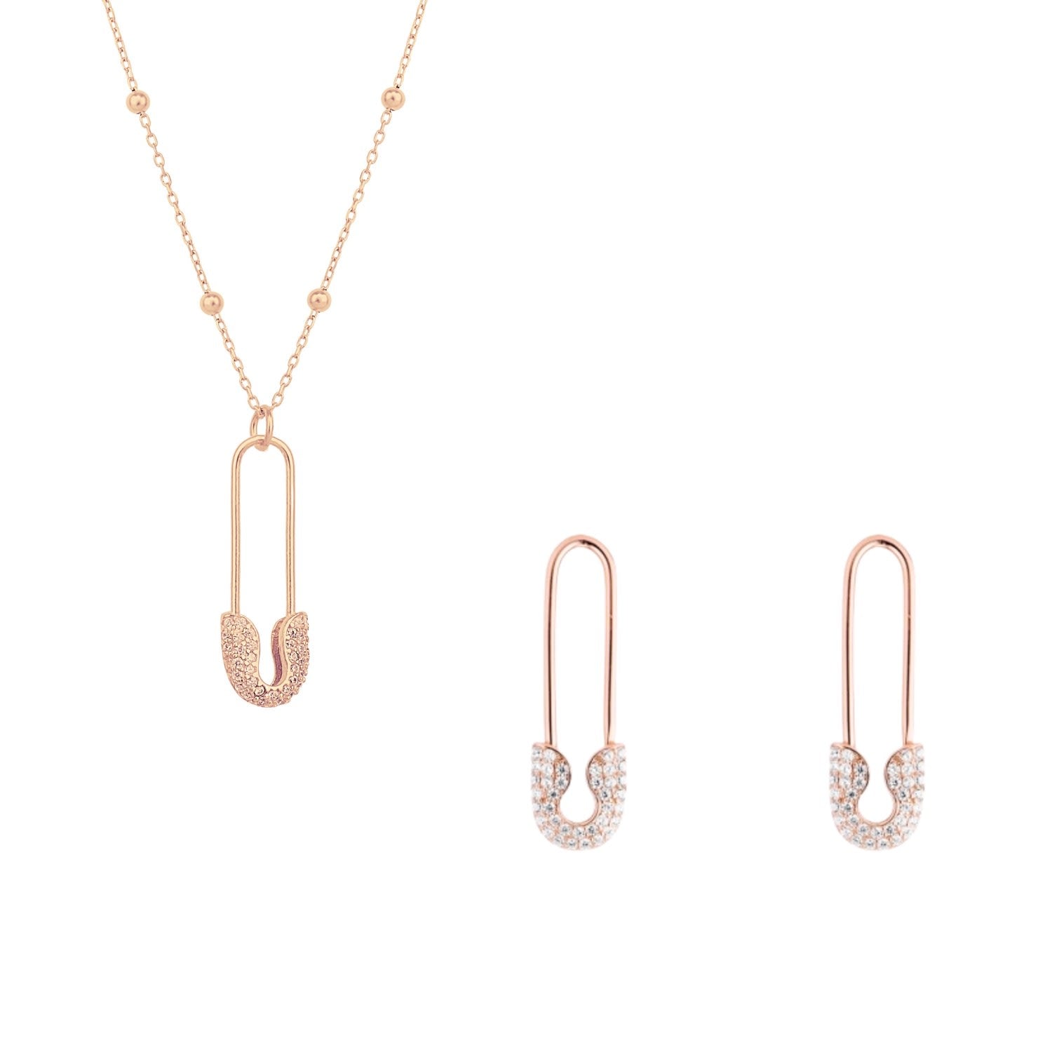 Sterling Silver Jewelled Safety Pin Necklace With Beaded Chain & Earring Set - Rose Gold