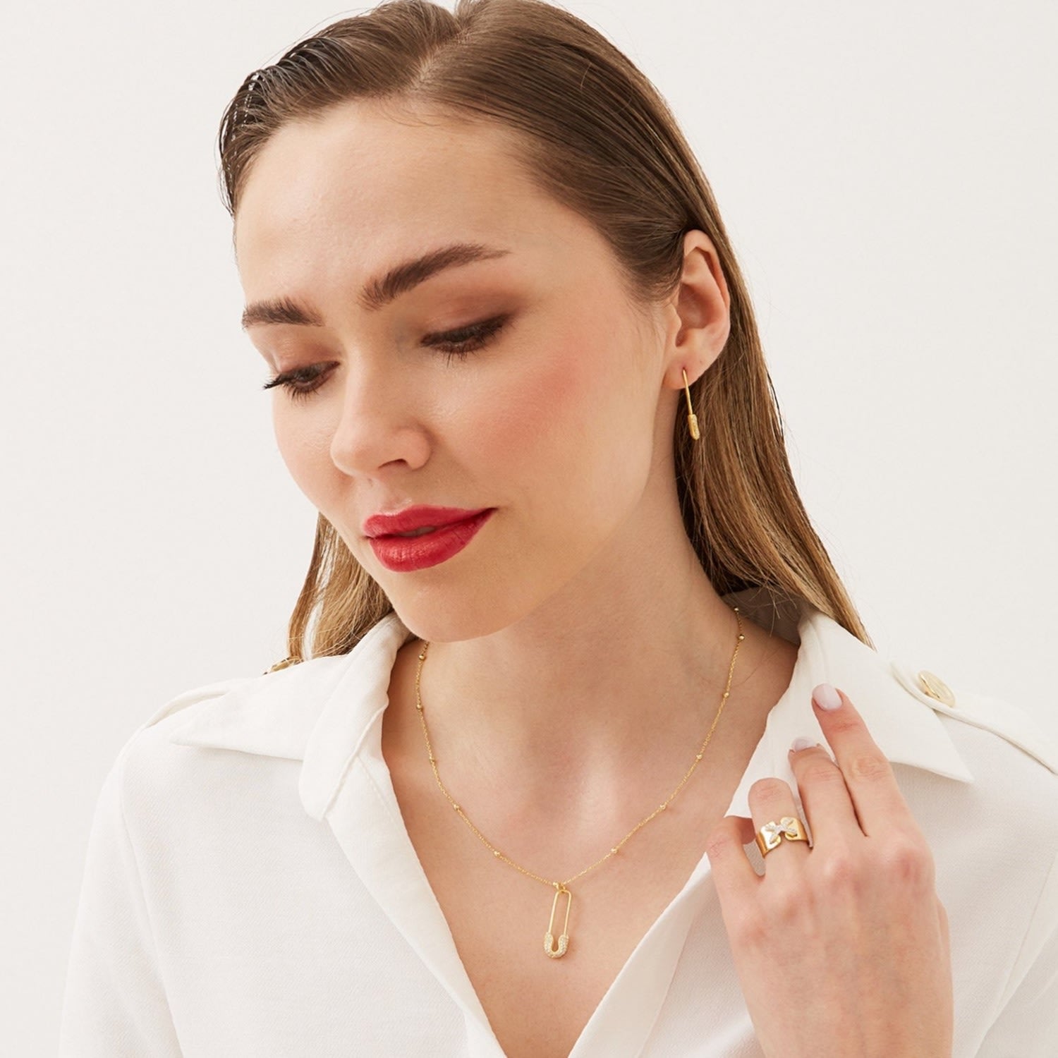 Sterling Silver Jewelled Safety Pin Necklace With Beaded Chain & Earring Set - Rose Gold