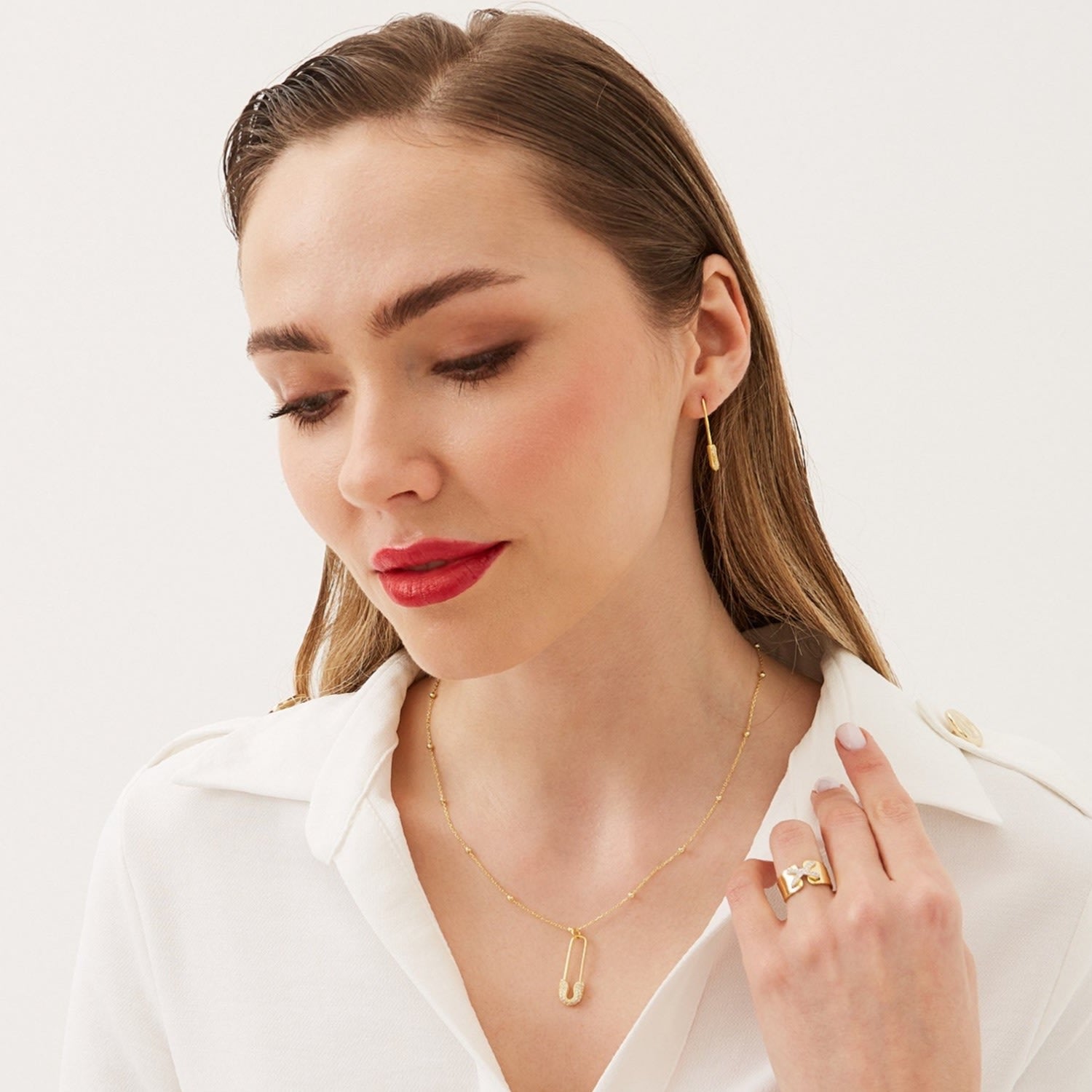 Sterling Silver Jewelled Safety Pin Necklace With Beaded Chain & Earring Set - Silver