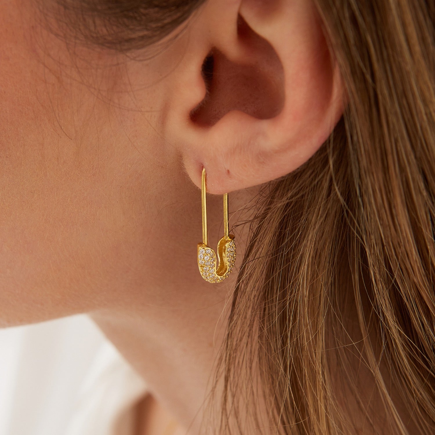 Long Pave Dagger Stud Safety Pin Earring Set Gold
