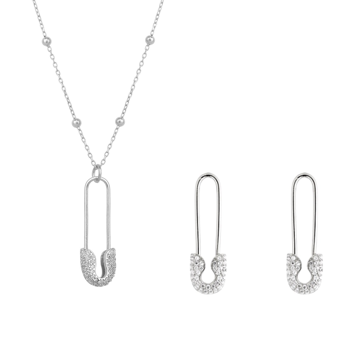 Sterling Silver Jewelled Safety Pin Necklace With Beaded Chain & Earring Set - Silver
