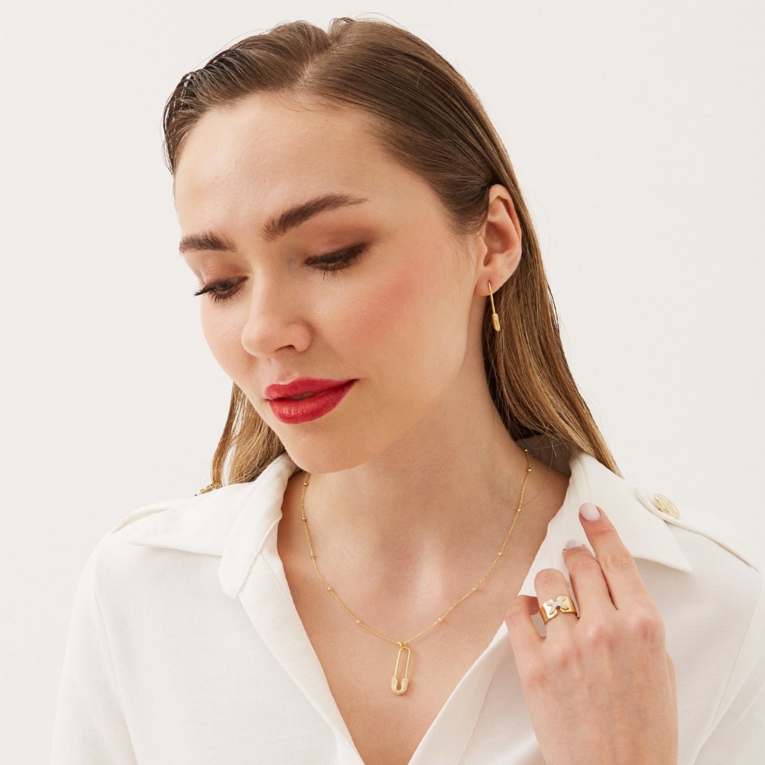 Sterling Silver Jewelled Safety Pin Necklace With Beaded Chain & Earring Set - Gold