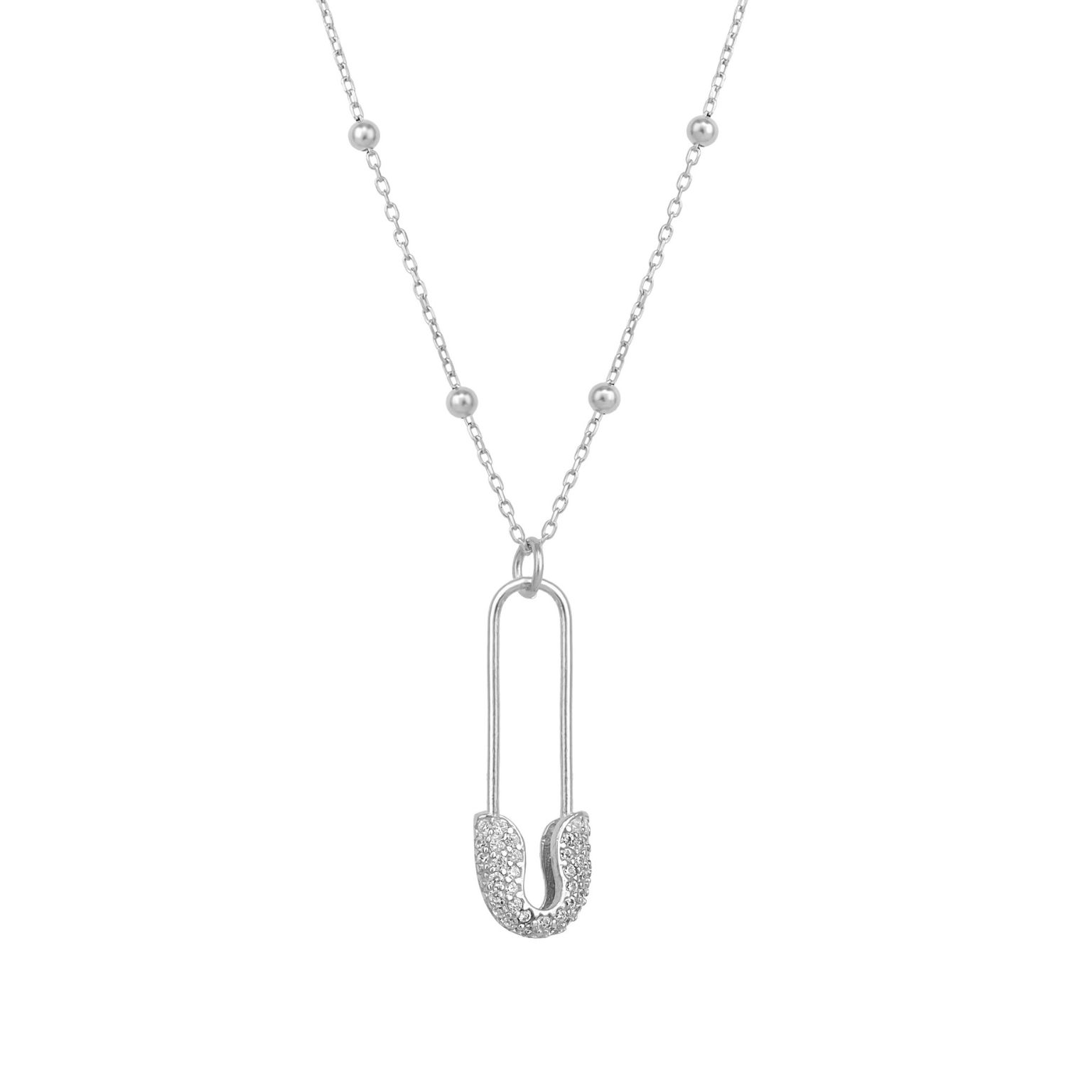 Pave Safety Pin Necklace Jewelled With Beaded Chain In Sterling Silver - Silver