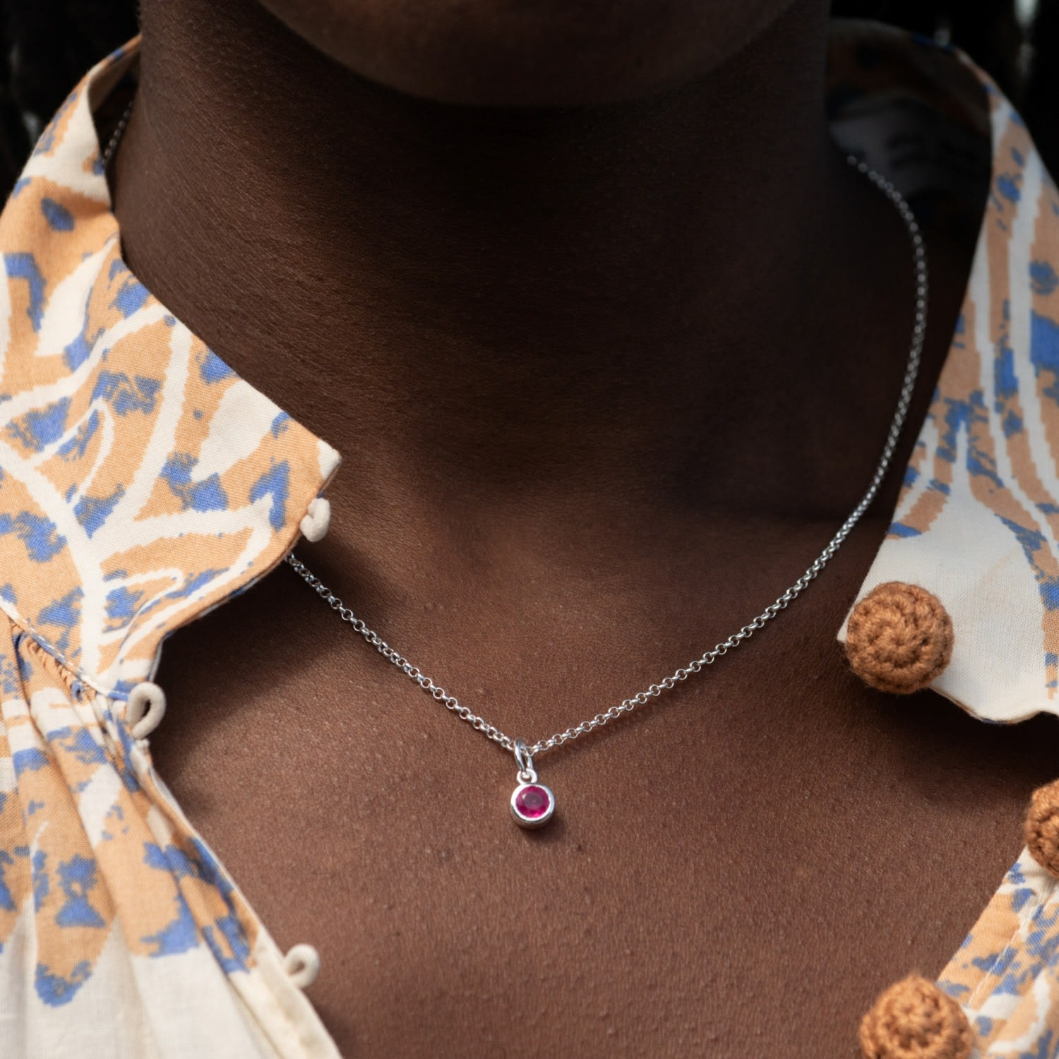 Sterling Silver July Birthstone Charm Necklace - Ruby