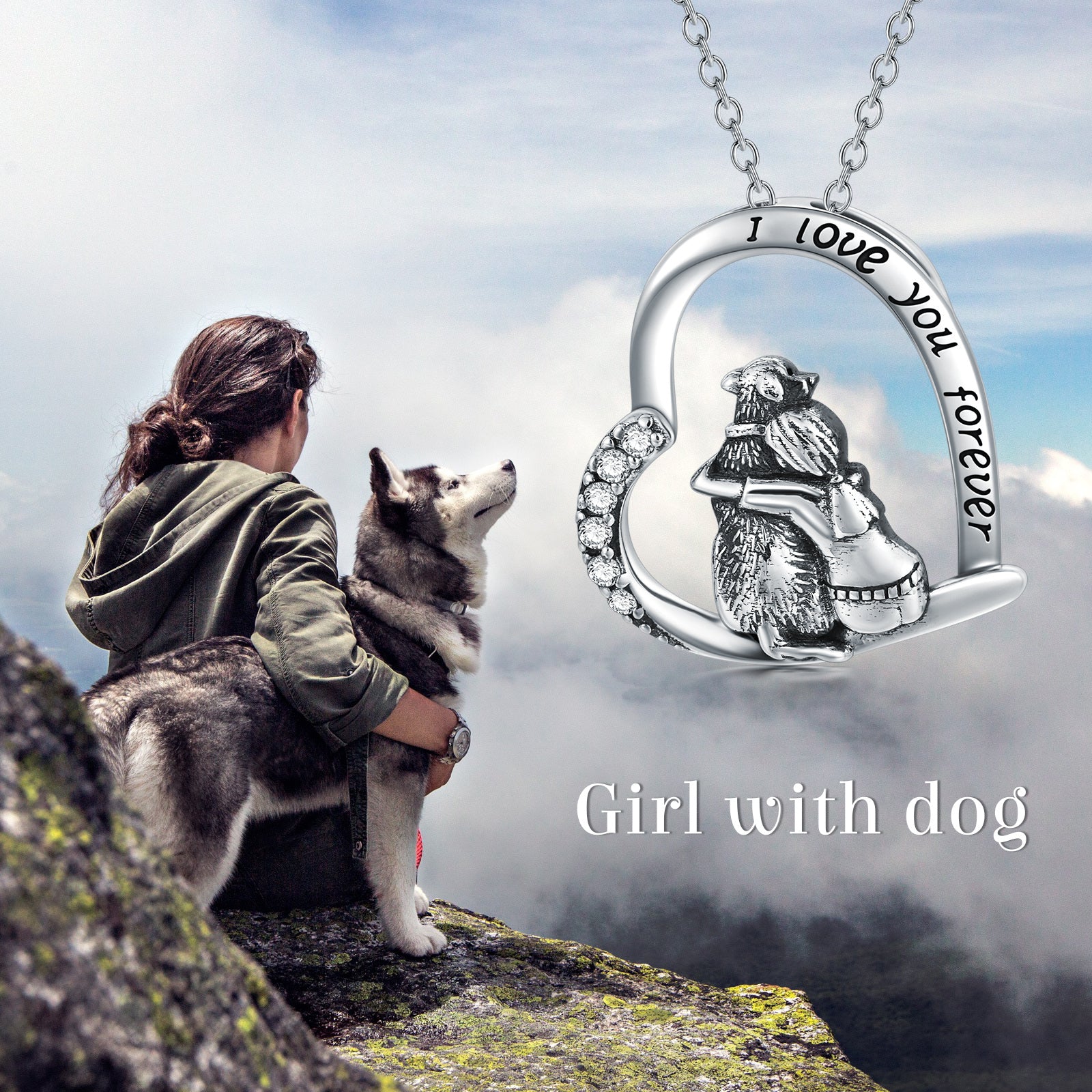 Sterling Silver Heart Shaped Cubic Zirconia Dog & Heart Pendant Necklace with Engraved Word