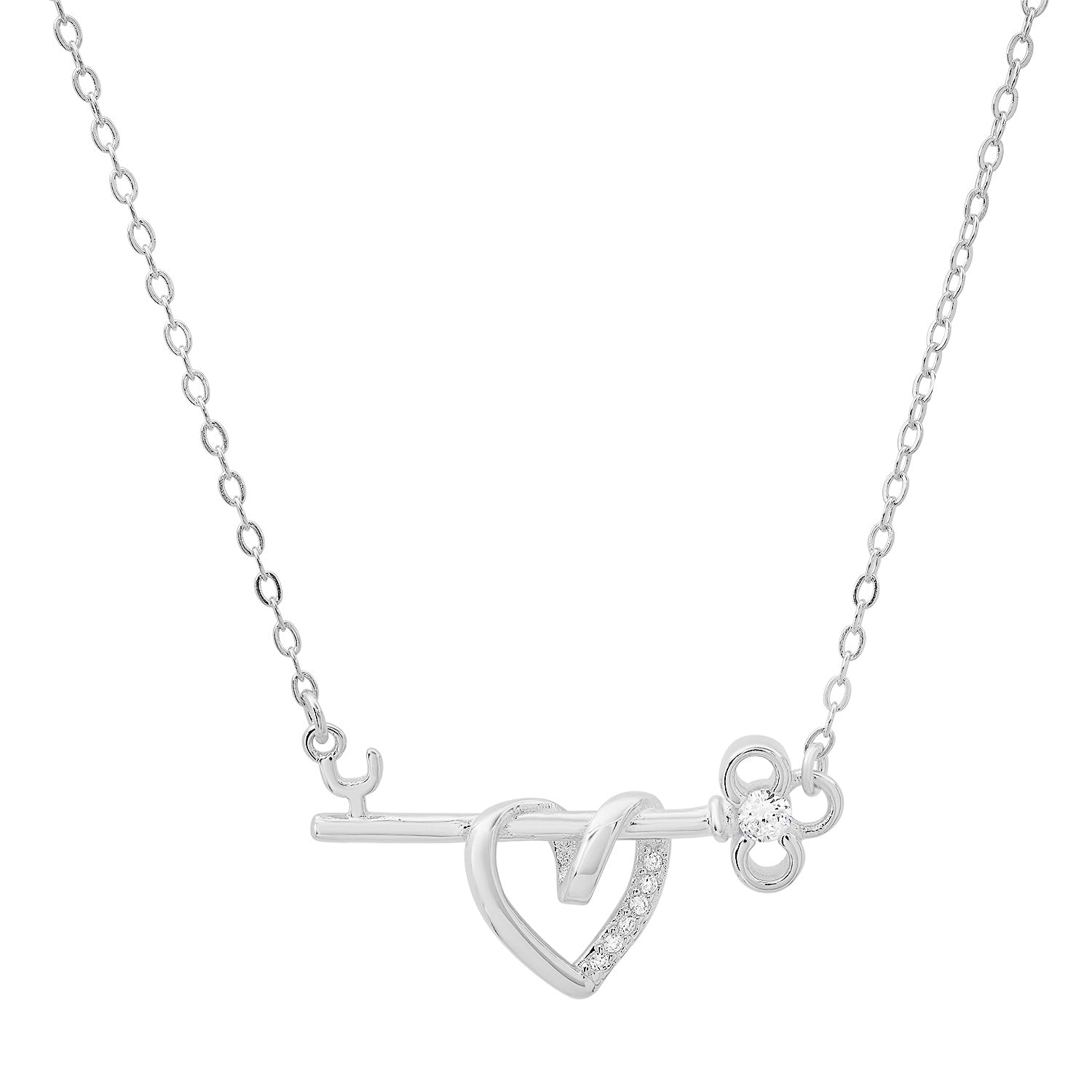 Sterling Silver 'Key To My Heart' Diamond Cz Bar Necklace