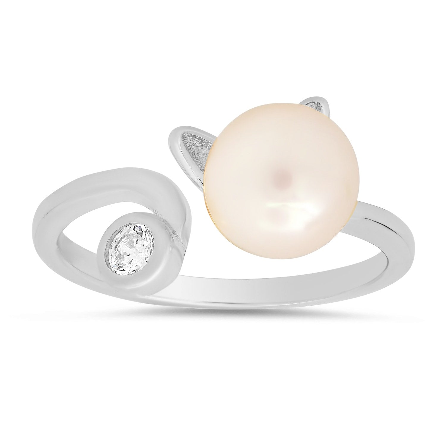 Sterling Silver Kitty Cat Pearl & Diamond Cz Ring