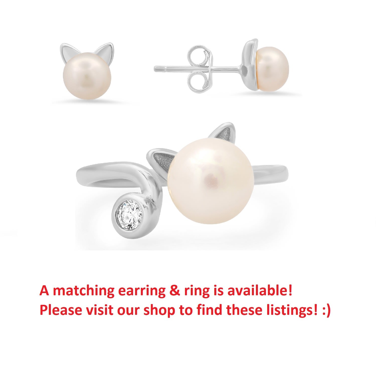 Sterling Silver Kitty Cat Pearl Pendant Necklace