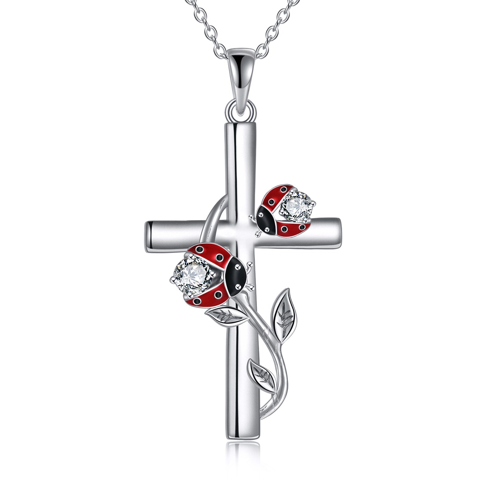 Sterling Silver Cubic Zirconia Ladybug & Cross Pendant Necklace